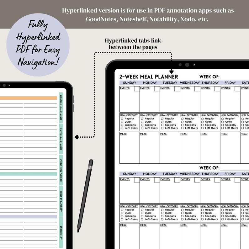 May include: A digital planner for meal planning, with two weeks of meal planning grids. Each day has a section for events, meal category, and meal. The planner is designed for use with PDF annotation apps such as GoodNotes, Noteshelf, Notability, Xodo, etc.