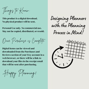 May include: A light blue and white graphic with the text "Things to Know:" and "Designing Planners with the Planning Process in Mind!"  The graphic also includes a clock with an arrow pointing to a calendar grid labeled "SMTWTFS".