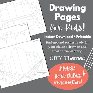 May include: City-themed drawing pages for kids, featuring printable background scenes. The image includes three line drawings of cityscapes, with text that reads "Drawing Pages for Kids!" and "Spark your child's imagination!"