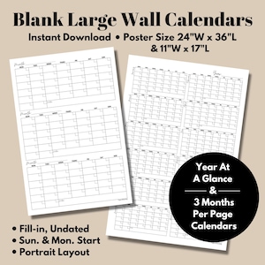 Calendario de pared grande en blanco imprimible / Sin fecha / Para rellenar / Calendario anual / Calendario trimestral / Comienza en lunes y domingo / Diseño vertical