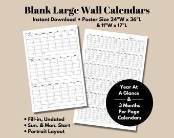 Blank Large Wall Calendar Printable / Undated / Fill-in / Year Calendar / 3-Month Calendar / Monday & Sunday Starts / PORTRAIT Layout