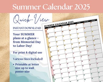 Summer Calendar 2025 / Large Wall Calendar / 3-Month Quarterly Calendar / Printable 2025 Summer Break Calendar / Memorial Day to Labor Day