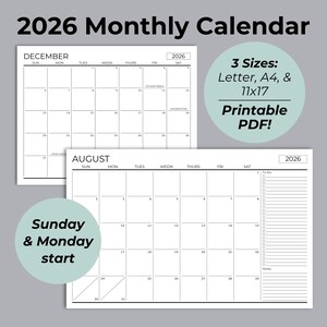 May include: A black and white 2026 monthly calendar with the months of December and August displayed. The calendar is available in three sizes: Letter, A4, and 11x17, and is a printable PDF. The calendar starts on Sunday and Monday.