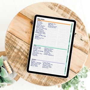 May include: A digital meal planner with a white background and blue and green lines. The planner is divided into sections for regular meals, quick meals, and specialty meals. Each section has a list of meal ideas written in black ink.