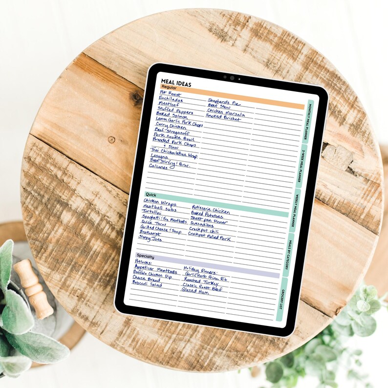 May include: A digital meal planner with a white background and blue and green lines. The planner is divided into sections for regular meals, quick meals, and specialty meals. Each section has a list of meal ideas written in black ink.
