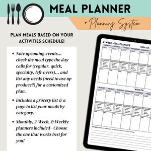 May include: A printable meal planner with a light blue background and the text "Meal Planner + Planning System". The planner includes a 2-week meal planner with columns for Sunday, Monday, Tuesday, Wednesday, Thursday, and Friday. Each column has space to list events, meal categories, and meals. The planner also includes a notes section.