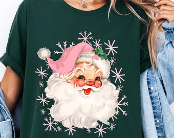 Pink Santa Hat Shirt, Vintage Santa Shirt, Retro Pink Santa Shirt, Classic Christmas, Pink Christmas, Holiday Clothing Women, Gift For Women