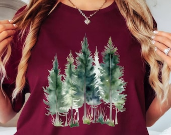Watercolor Trees Shirt, Forest Graphic Tee, Nature Tshirt, Watercolor Art, Pine Tree, Landscape Shirt, Camping Tee, Bird, Forest Shirt, Gift