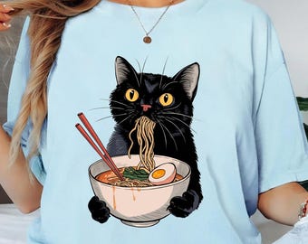 Comfort Colors® Noodle Cat Shirt, Ramen Cat Shirt, Foodie Lover Shirts, Black Cat Noodle T-Shirt, Retro Cat Tees, Cat Lover Sweatshirts,Cat