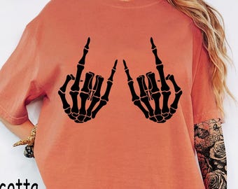 Comfort Colors® Skeleton Hand T-Shirt, Skeleton Shirt, Horror Gift, Skeleton Rock Tee, Rock and Roll Shirt, Halloween Tee, Rock On Halloween