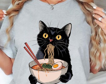 Noodle Cat Shirt, Ramen Cat T-Shirt, Foodie Lover Shirts, Black Cat Noodle T-Shirts, Retro Cat Tees, Cat Lover Sweatshirts, Black Cat Tshirt