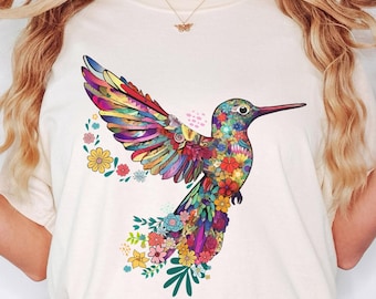 Floral Hummingbird Shirt, Animal Lover Tee, Bird T Shirts, Trendy Tee, Gift For Her, Bird Lover T-Shirt, Spring Bird,Flower Shirt,Bird Shirt