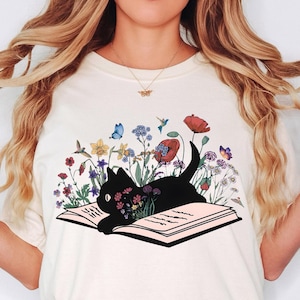 Floral Cat Shirt, Cat Lover T-shirt, Cat Book Shirt, Cat Lover Gift, Gift for Her, Cat Mom Shirt Gift, Cute Cat Shirts, Cute Book Cat Tshirt