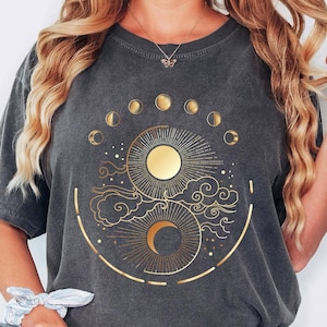 Comfort Colors® Mystical Moon Phase Shirt, Celestial Shirt, Boho Mystical Moon And Sun Tee, Boho Moon, Spiritual Moon Women Clothing Gifts