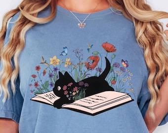 Comfort Colors® Floral Cat Shirt, Cat Lover Shirt, Cat Book Shirt, Cat Lover Gift, Cat Mom Shirt Gift, Cute Cat Shirts, Cute Book Cat Shirt