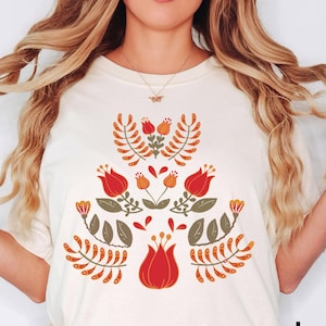 Comfort Colors® Scandinavian Shirt, Botanical Shirt, Folk Art T-Shirt, Scandinavian Gift, Gift For Women Vintage Flower Shirt, Plant Lover