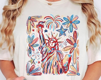 Retro 4th July Statue of Liberty Shirt, America USA Tees, America 4th July, 4th Of July, USA Flag, American Girl Shirt, America Flag Flower