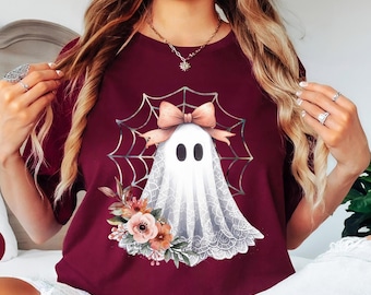 Halloween Lace Ghost TShirt Spooky Coquette T-Shirt Girly Ghost Orange Bow T Shirt Lacey Ghost Tee,Spooky Season Top Outfit,Cute Ghost Shirt