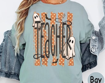 Comfort Colors® Spooky Teacher Shirt, Retro Halloween Coquette Tee, Cute Ghost Teacher Top, Striped Fall Classroom Apparel