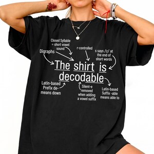 May include: A black short-sleeved t-shirt featuring white text that reads 'The shirt is decodable' surrounded by linguistic annotations and arrows explaining grammatical concepts like closed syllables, digraphs, r-controlled vowels, and suffixes.