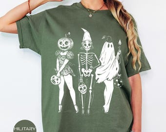 Spooky Girl Squad Shirt, Skeleton Ghost Pumpkin T Shirt, Witchy Fall Shirt, Retro Halloween Sweatshirt, Halloween Gift, Girly Halloween Tee