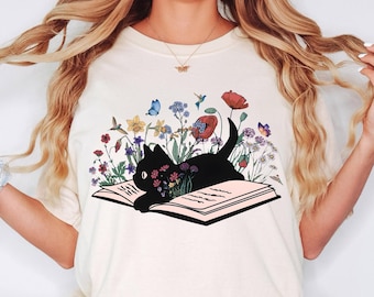Floral Cat Shirt, Cat Lover T-shirt, Cat Book Shirt, Cat Lover Gift, Gift for Her, Cat Mom Shirt Gift, Cute Cat Shirts, Cute Book Cat Tshirt