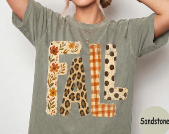 Comfort Colors® Retro Fall Patched Shirt, Wildflower Leopard Autumn Tee, Western Gingham Thanksgiving Top, Distressed Flannel Apparel