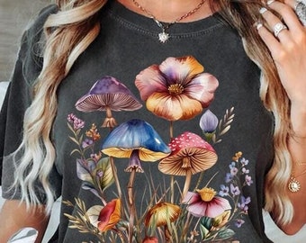 Comfort Colors® Mushroom Wildflower Shirt, Wild Flower, Cottagecore Shirt, Mushroom Tee, Botanical Mushroom Shirt, Mushroom and Floral Shirt