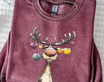 Reindeer Sweatshirt, Cute Christmas tShirt, Retro Reindeer Hoodie, Merry Christmas Tee Shirt, Christmas Reindeer Shirt Gift,Xmas Long Sleeve