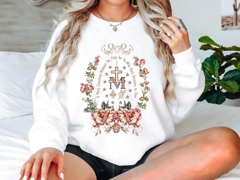 Miraculous Medal Sweatshirt, Virgin Mary Shirt, Marian Cross T-Shirt, Holiday Gifts Idea,Catholic Gifts for Women,Marian Catholic Sweatshirt image 7