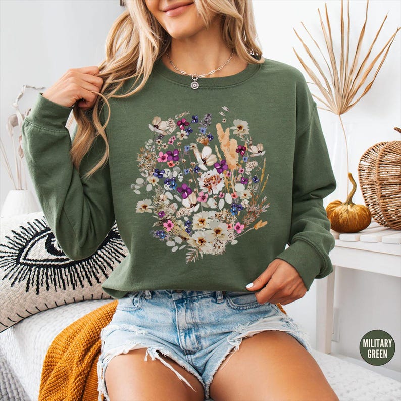 Pressed Flowers Sweatshirt, Boho Wildflowers, Cottagecore Shirt ...
