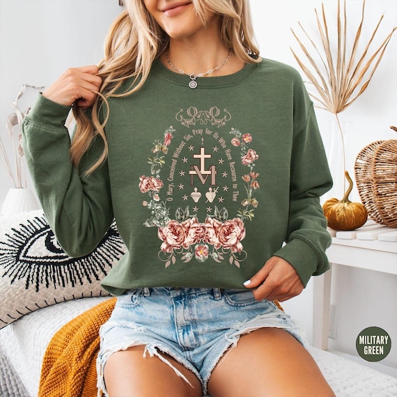 Miraculous Medal Sweatshirt, Virgin Mary Shirt, Marian Cross T-Shirt, Holiday Gifts Idea,Catholic Gifts for Women,Marian Catholic Sweatshirt