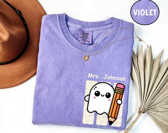 Comfort Colors® Custom Teacher Ghost Shirt, Personalized Halloween Pencil Tee, Retro Spooky Educator Top, Cute Fall Classroom Apparel