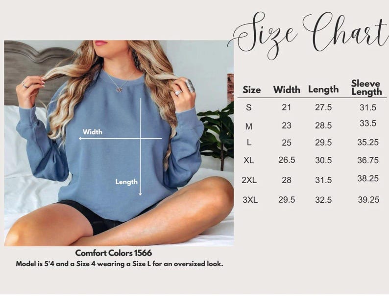K&ouml;nnte beinhalten: Hellblaues Sweatshirt mit Gr&ouml;&szlig;entabelle. Die Tabelle listet die Gr&ouml;&szlig;en S bis 3XL mit den entsprechenden Breiten-, L&auml;ngen- und &Auml;rmell&auml;ngenma&szlig;en in Zentimetern auf. Der Text "Comfort Colors 1566" ist ebenfalls sichtbar.