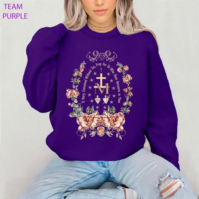Miraculous Medal Sweatshirt, Virgin Mary Shirt, Marian Cross T-Shirt, Holiday Gifts Idea,Catholic Gifts for Women,Marian Catholic Sweatshirt image 8