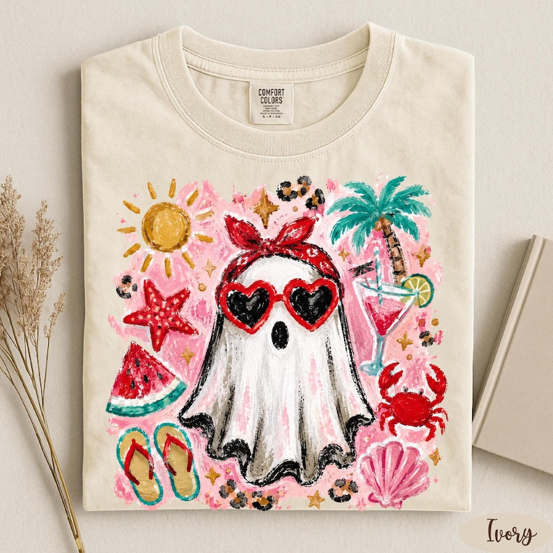 Comfort Colors® Spooky Summer Ghost Shirt, Beach Summerween Tee, Coquette Coastal Goth Top, Cute Retro Halloween Beachwear bild 1