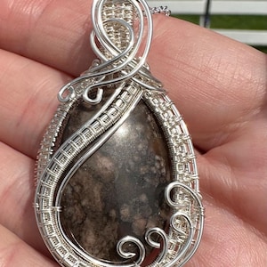 Chocolate Jasper wire-wrapped pendant. Silver wire-wrapped necklace. Natural jasper stone necklace