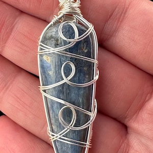 Blue kyanite in silver plated wire wrap, blue and silver necklace, kyanite necklace