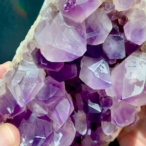 Może przedstawiać: Duży skupisko kryształów ametystu z wieloma punktami. Kryształy mają głęboki fioletowy kolor i naturalną, szorstką fakturę.