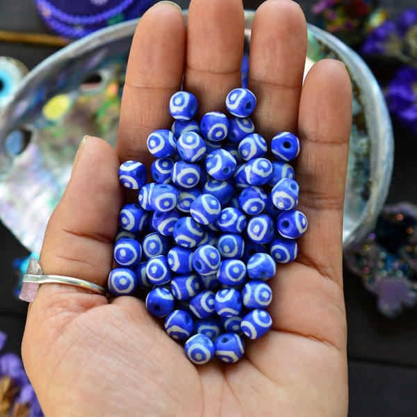 Royal Blue Eyes on You: 7x8mm Round Bone Beads, 15 beads / Beads for Malas, Macrame, Yoga Jewelry, Bohemian and Tribal, Jewelry Supply