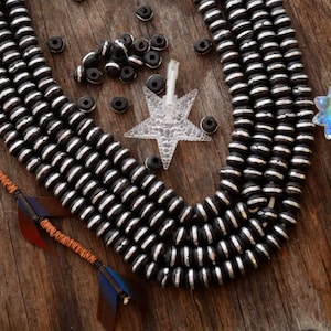 African Ebony Wood Beads with Aluminum Wire, 10 pieces, handmade in Senegal / Ethnic Beads, Wooden and Metal Beads, Jewelry Supplies / Black
