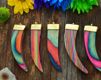 Flat Happy Rainbow Wooden Tusk Pendant, 8x90mm / Lightweight Pendant, Tusks, Boho, Hippie Jewelry / Multi Color Jewelry Making Supplies