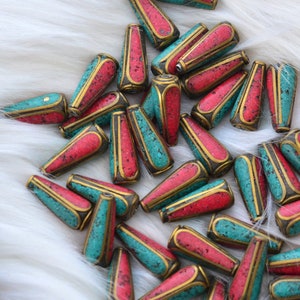 Tear Drop Nepali Beads | 8x20mm Brass Beads Inlaid with Turquoise & Coral | Handmade in Nepal | Set of 2 Beads | Tibetan Jewelry Supplies