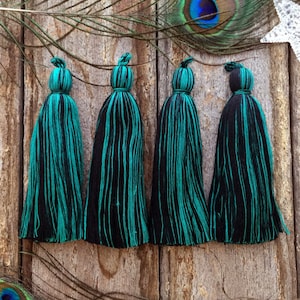 Black and Green, 4&quot; Super Luxe Large Cotton Tassel with Braided Loop, 2 pcs, Handmade Jewelry Tassels, Designer Tassels, Home Decor