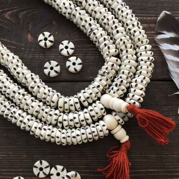 White Carved Bone Rondelle Bone Beads, 13mm Large Hole Bone Beads, Mala with 108 Bone Beads, Yoga Jewelry, Meditation, Jewelry Supplies