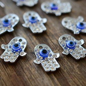 Silver Hamsa & Evil Eye Pendant, 18x22mm, 2 pieces / Rhinestone Hamsa Charm, Evil Eye Charm, Hand of Fatima Pendants, Jewelry Supplies