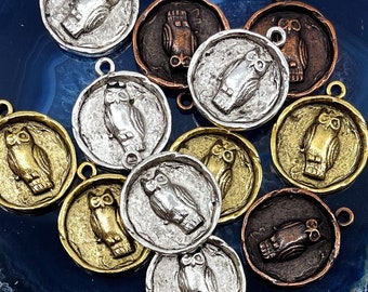 Amuletos de búho redondo, 20x25 mm, cada uno / Diseño Nunn, colgantes inspirados en la naturaleza, amuletos de abeja, medallones, suministros para hacer joyas