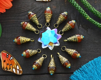 Caramel Brown: 10x26mm Nepali Teardrop Pendant with Brass Cap, 1 piece / Tibetan Charms,  Jewelry Making Supplies