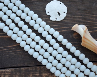 Frosted Snow White, 6mm Round Cultured Glass Beads, 34 beads, 8" strand, Cultured Sea Glass, Jewelry Making Supplies
