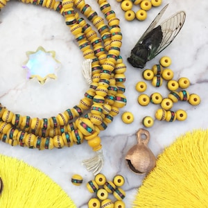 Yak Bone Beads: Sunny Yellow, 8mm Inlaid Bone Beads from Nepal, 10 beads / Coral, Turquoise, Wire Inlay, Ethnic Beads, Malas, Prayer Beads